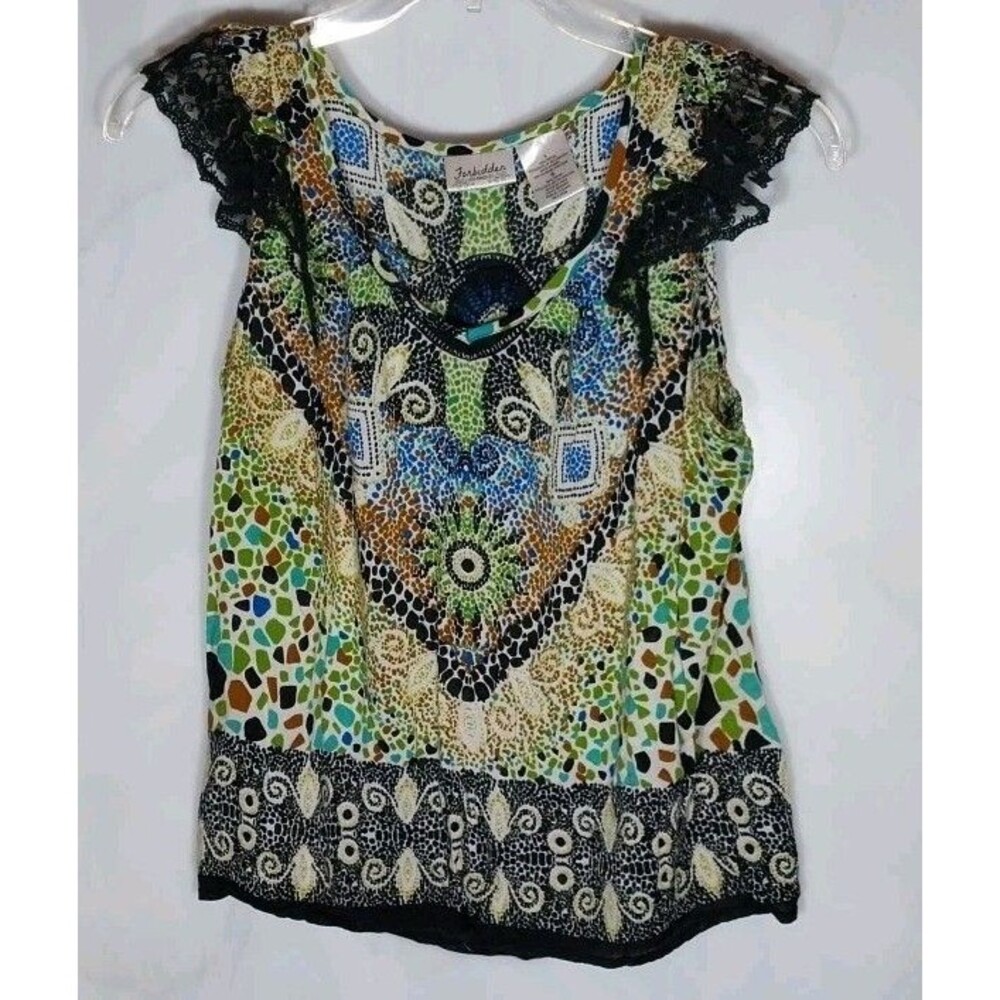 Forbidden Boho Festival Top L Multicolor Lace Cap Sleeve Rayon Y2K Blouse